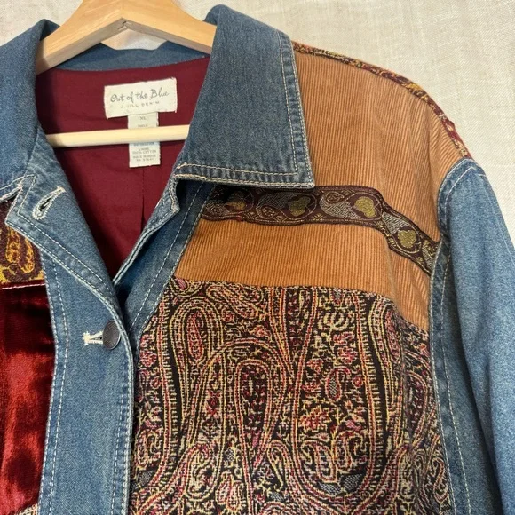 Out Of The Blue J Jill Women's Denim Patchwork Tapestry Lined Jean Jacket Sz XL - Picture 7 of 13